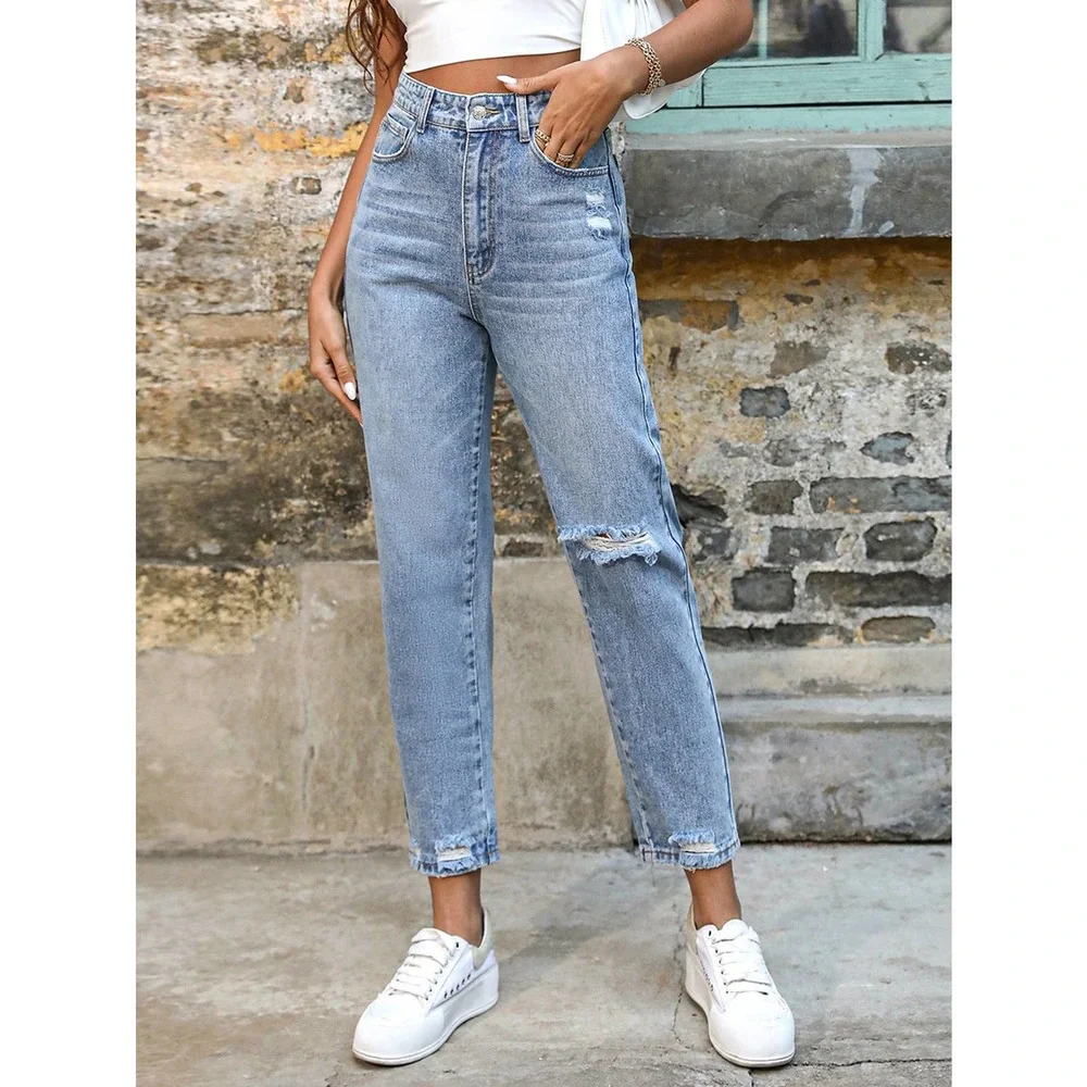 Ripped Frayed Hem Mom Jeans distressed denim straight leg high waisted light - Picture 1 of 7